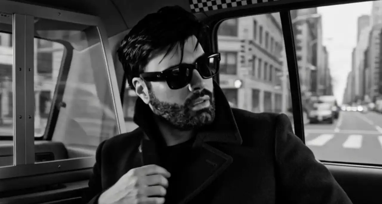 ADOM singer songwriter in a cab, black and white, wearing sunglasses and a dark overcoat.